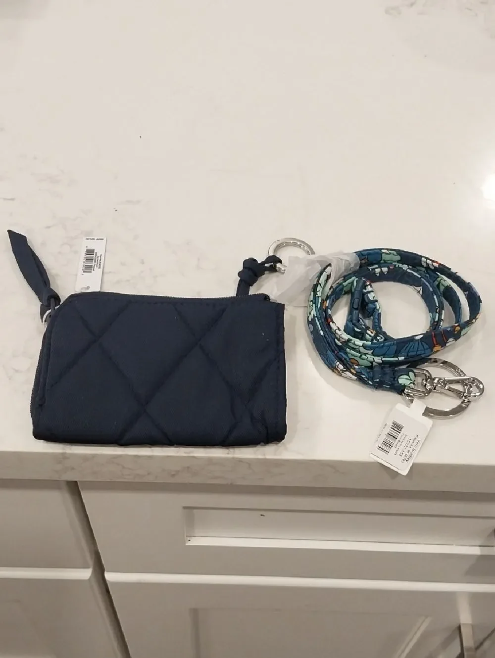 Vera Bradley Navy Quilted Key & Card Holder with Blue Floral Strap
